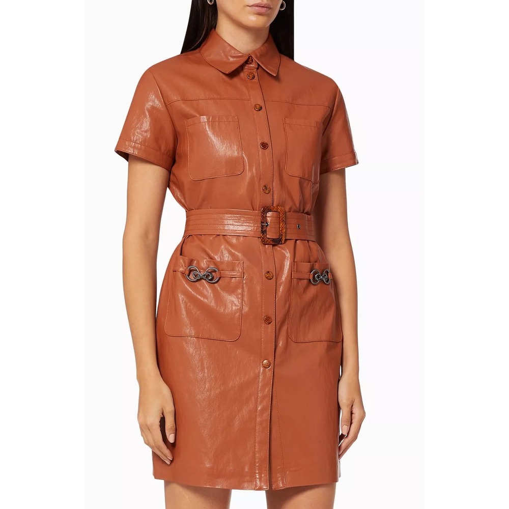 Pinko Faux Leather Belted Mini Shirt Dress Sz 2 Chic Modern Edgy Contemporary